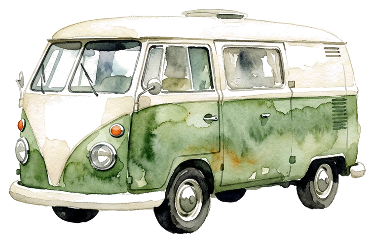 Aquarelle d’un van vert et crème avec une galerie