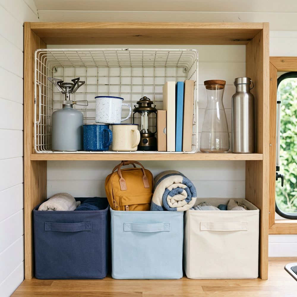 Illustration d’une étagère de van avec tasses, réchaud, lampe, bouteille d’eau et rangements pour les affaires