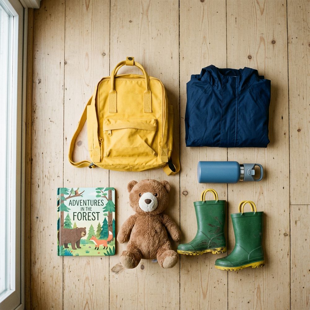 Illustration d’un sac, d’une veste de pluie, de bottes et d’affaires pour un enfant