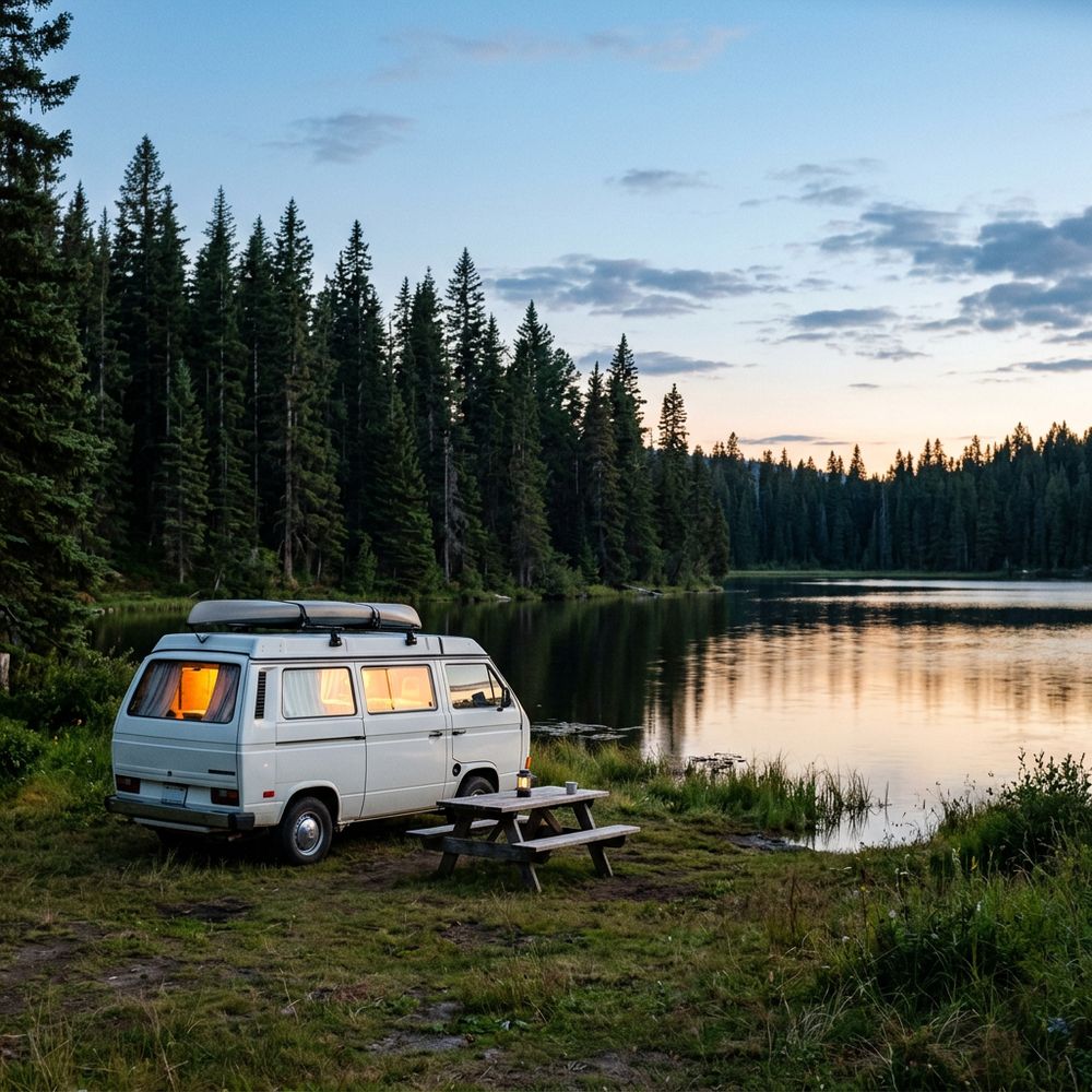 Illustration d’un van près d’un lac, pas une photo du camping proposé