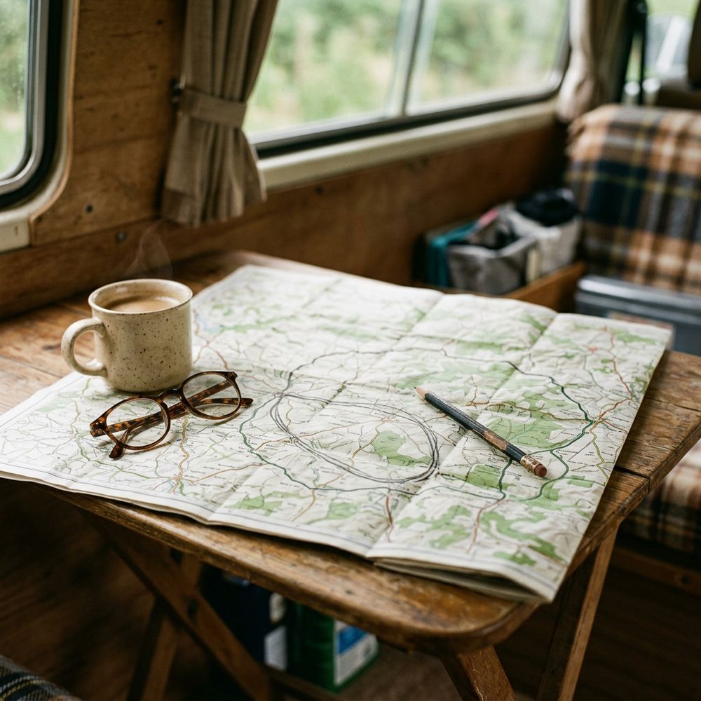 Illustration d’une carte routière sur une table de van, pas une carte de cette boucle