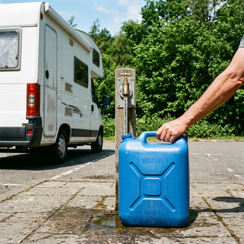 Illustration d’un bidon rempli au robinet, pas une photo de l’aire de services